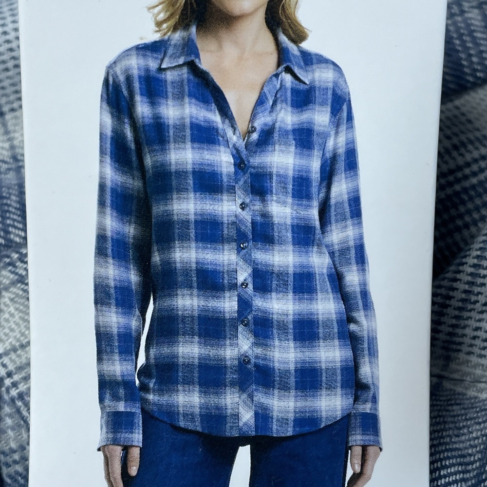 Weatherproof Women's M Plaid Button-Up Blouse Blue e0284